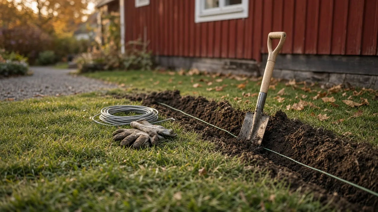 Uppgrävd begränsningskabel i en gräsmatta med spade och elkabel