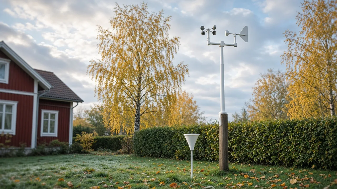 Vindmätare och regnmätare i en villaträdgård en höstmorgon