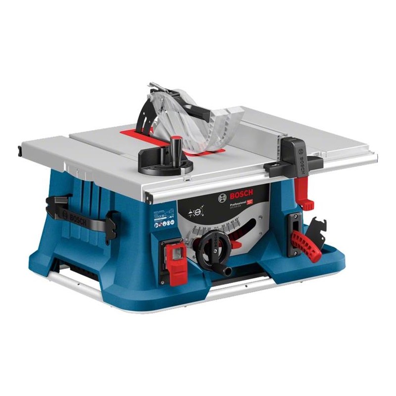 Bosch GTS 635-216 bordscirkelsåg i blått med aluminiumbord, sågskydd över klingan och parallellanslag, snett framifrån