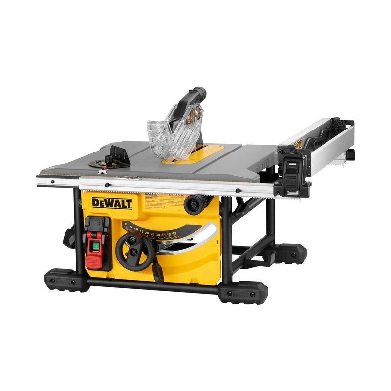 DeWalt DWE7485 bordscirkelsåg i gult och svart med stålbur, genomskinligt sågskydd och utdraget parallellanslag, snett framifrån