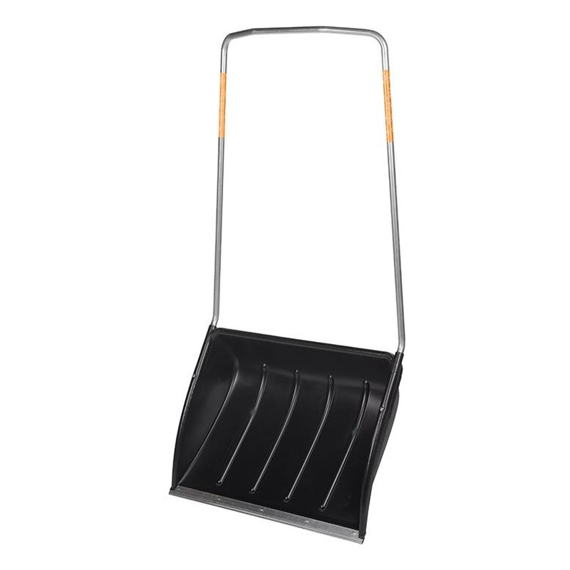 Fiskars SnowXpert 143021 snösläde med svart plastskopa och orange reflexgrepp på stålskalmen