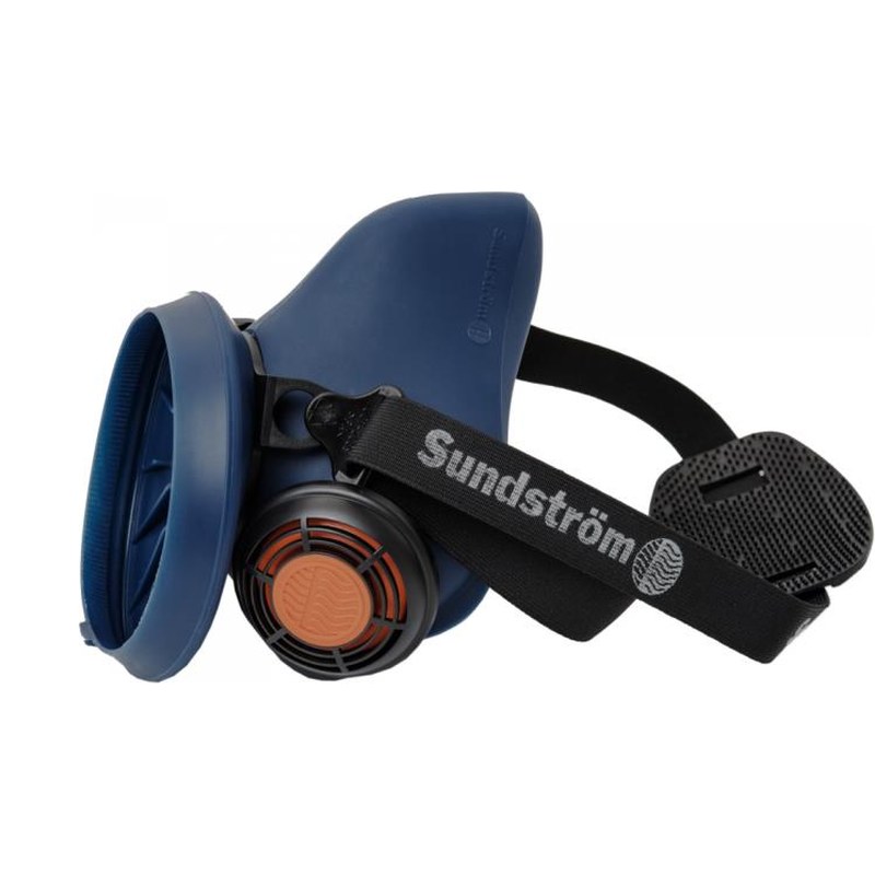 Sundström SR 100 halvmask i blå silikon med resårband och filter monterat